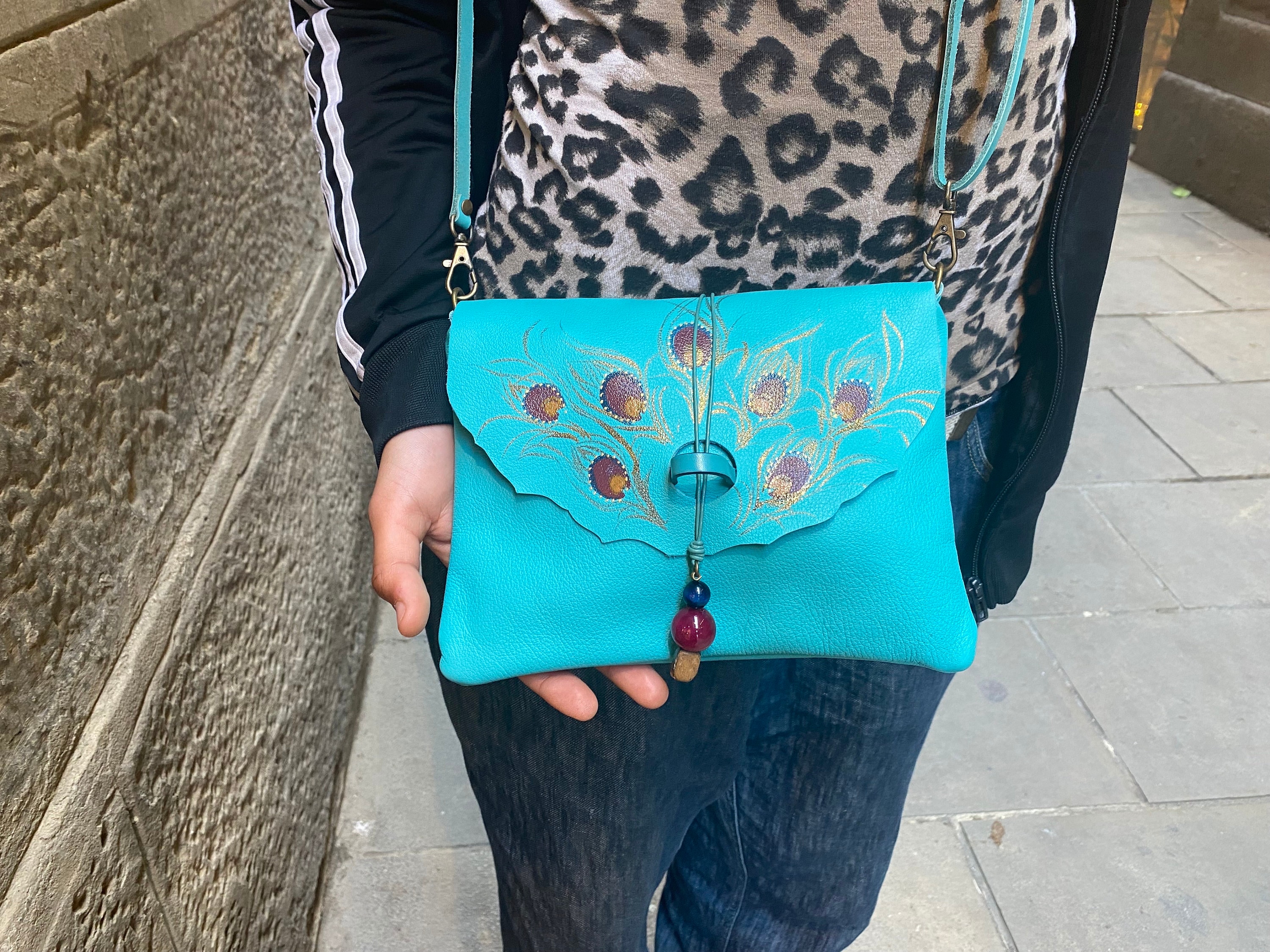 Hand-Painted Teal Leather Crossbody Bag: Peacock Feather Design, Natural Stones