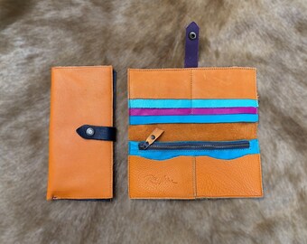 Colorful Leather Continental Wallet: Teal, Orange, Yellow, Red