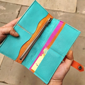 Large Teal (Turquoise), Orange, Mustard Yellow or Red Leather Continental Wallet for Women. Slim Woman's Colorfull Wallet. Travel Organizer.