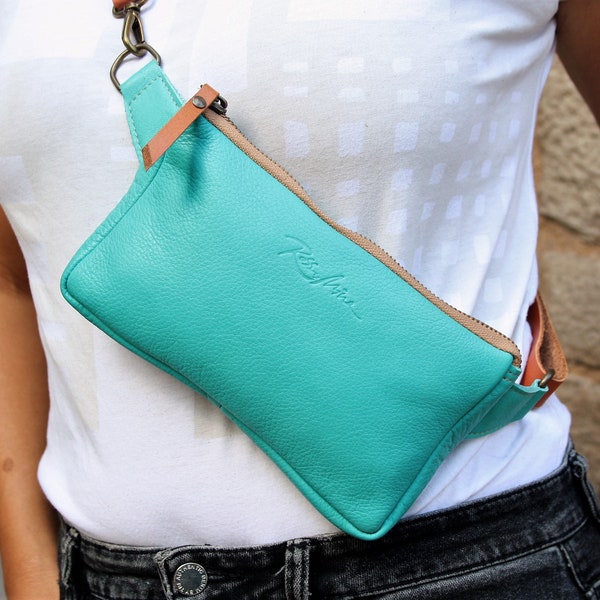 Teal Leather Women Fanny Pack / Belt Bag / Bum Bag / Hip Bag. Rectangle Zipped Fanny Pack. Purple, Yellow Tan, Red, Bright Collor Fanny Pack