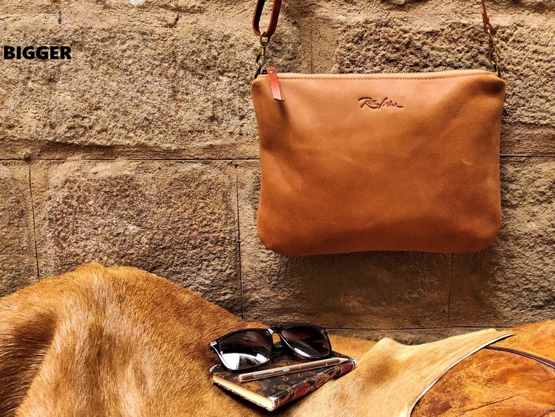 small leather camel bag