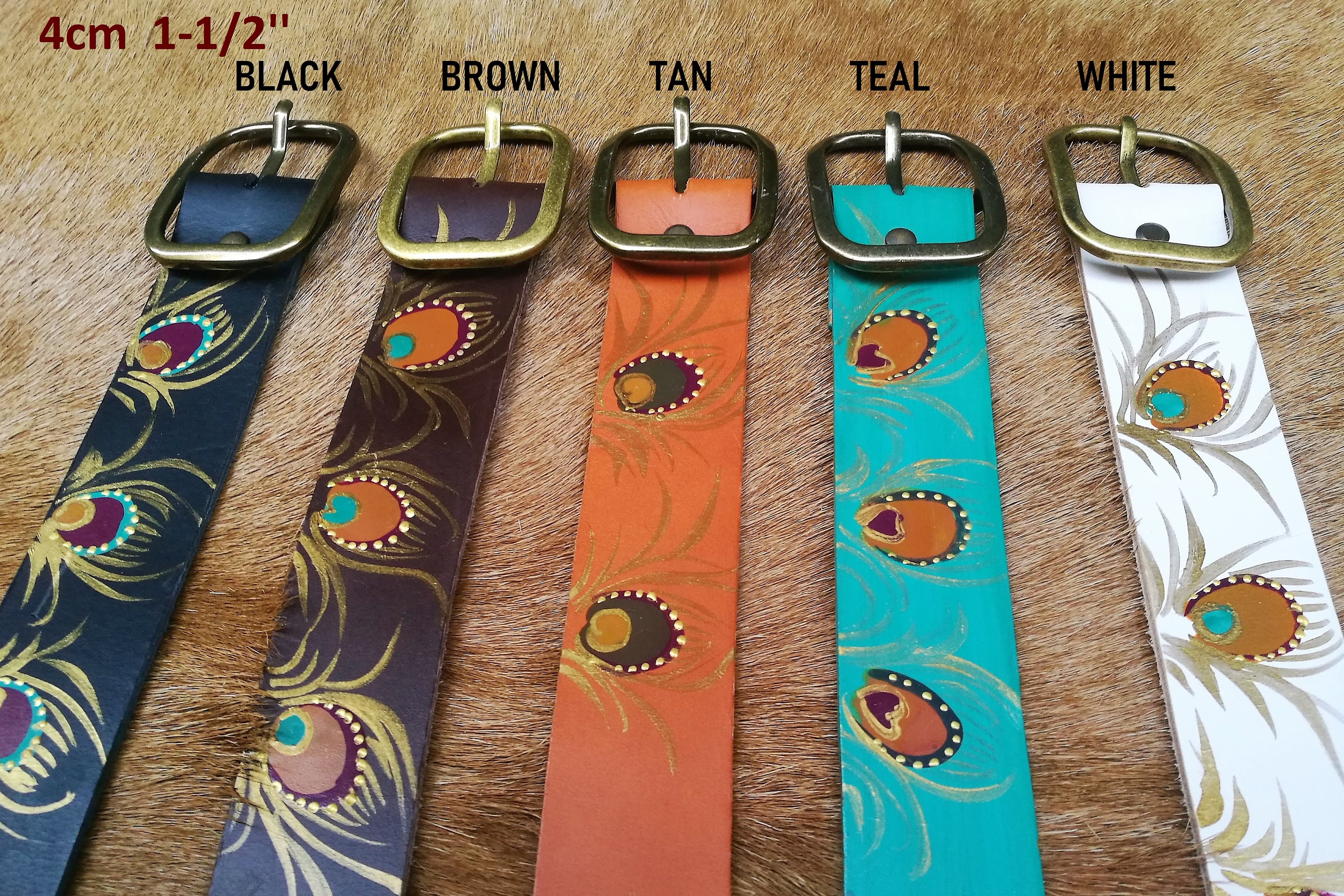 Handmade Leather Belt: Peacock Feather Design, Black, Tan  display picture 2