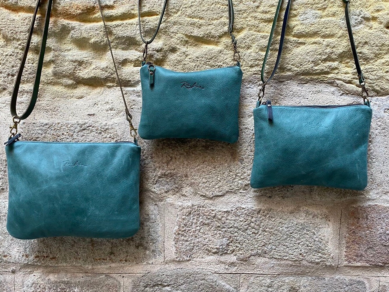 Green Leather Crossbody Handbag With Zipper. Soft Teal Leather 