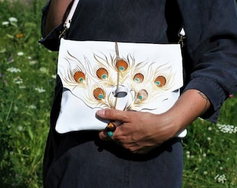 Special Gift for Her Unique Leather Purse for Women. Small Black Leather Crossbody Bag with Peacock Feather. Soft Leather Bag Boho Style