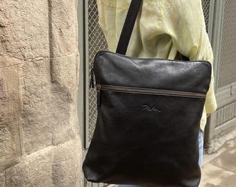 Convertible Black Leather Backpack Tote: Oversized Minimalist Shopper Bag