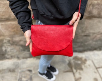 RED and square Purse, Small Crossbody Bag, Women Bright Red Leather Bag, Lady's Purse with Flap Handmade Natural Soft and Vivid Red Leather