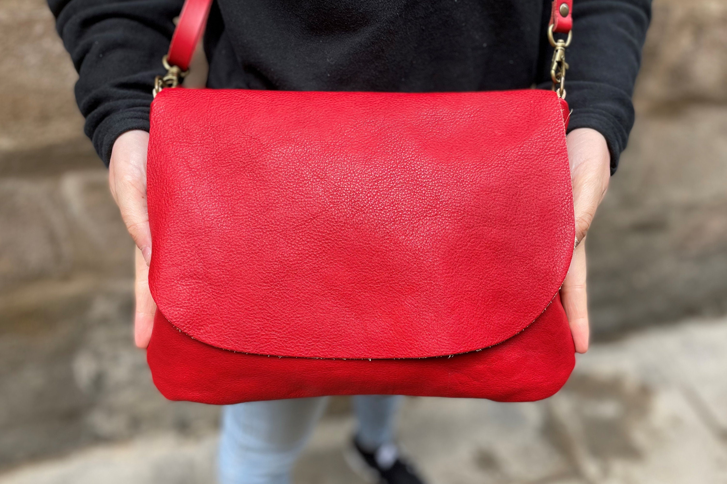 Red Leather Small Flap Square Crossbody Bag Purse