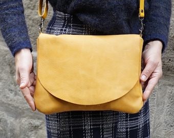 Mustard leather crossbody bag, Everyday bag, Yellow leather bag, plane leather bag , boho bag, simple bag, small leather purse, flap purse