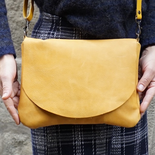 Mustard leather crossbody bag, Everyday bag, Yellow leather bag, plane leather bag , boho bag, simple bag, small leather purse, flap purse