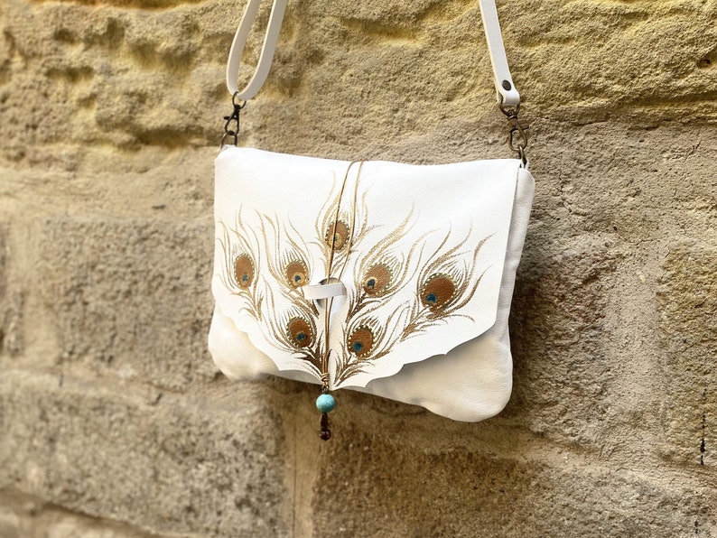 white leather handpainted purse bag