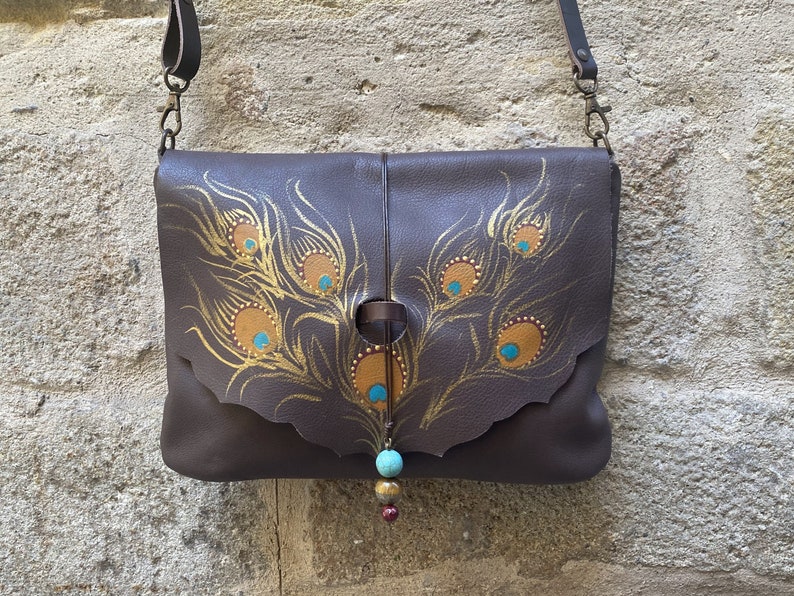 brown leather peackock design bag purse