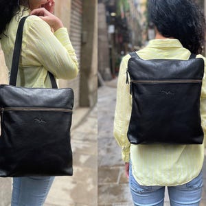 Plecak skórzany konwertowalny na torbę typu tote bag: minimalistyczna czarna torba na laptopa
