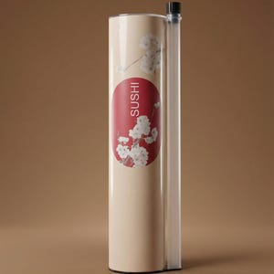 May include: A cylindrical tumbler with a light beige finish featuring a red oval graphic containing the white text "SUSHI" and white cherry blossom branches. The tumbler includes a clear plastic straw with a black cap at the top.