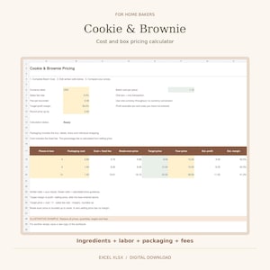 May include: A digital spreadsheet titled Cookie & Brownie Cost and box pricing calculator for home bakers. The interface features columns for pieces in box, packaging cost, break-even price, target price, your price, profit, and margin.