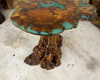 Live Edge Olive Wood Coffee Table, Blue Epoxy River Round Side Table