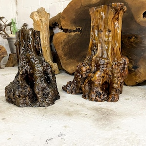May include: Two wooden tree trunk sculptures with a natural, textured appearance. One is dark brown, the other is light brown with a glossy finish. The background features more wood pieces, suggesting a natural theme.