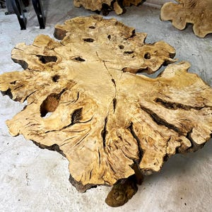 May include: A large, natural wood coffee table with a unique, irregular shape and a natural, rustic finish. The table top has a lot of knots and grain patterns, and the base is a single piece of wood.