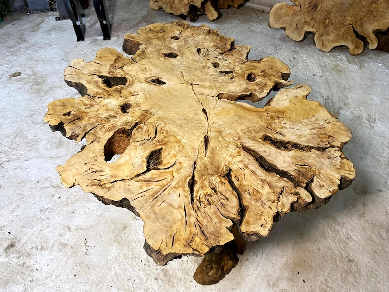 May include: A large, natural wood coffee table with a unique, irregular shape and a natural, rustic finish. The table top has a lot of knots and grain patterns, and the base is a single piece of wood.