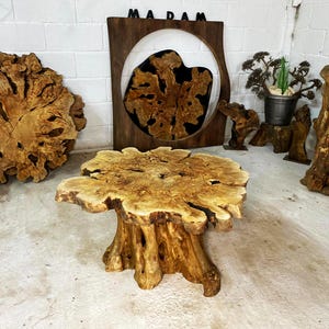 May include: A wooden coffee table with a natural wood finish and a unique, irregular shape. The table top is made from a single piece of wood with a burl pattern. The table legs are also made from wood and have a natural, rustic look.