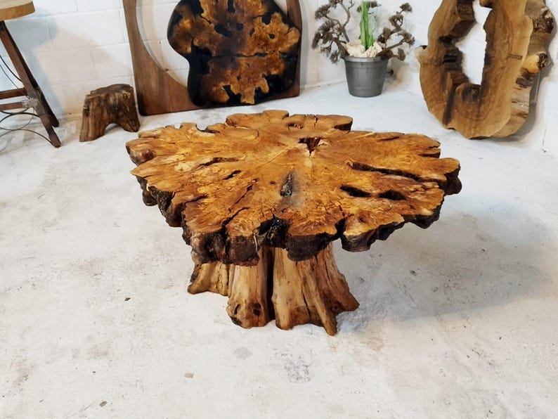 May include: A rustic wooden coffee table with a large, round, natural wood top and a thick, irregular base. The table has a unique, organic shape and a warm, natural finish.