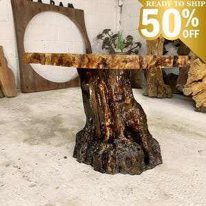 Naturel Olive Wood Root Table, Handmade Live Edge Epoxy Side Table, Organic Tree Stump Coffee Table, Rustic Natural Wood Furniture