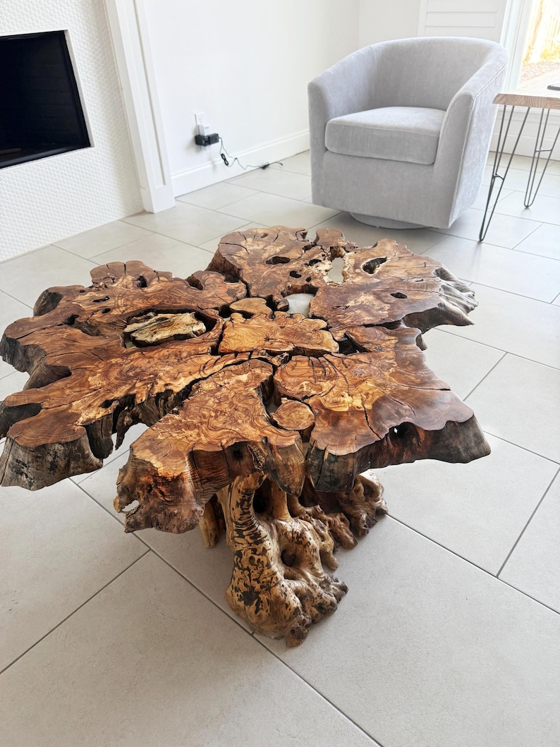 Live Edge Olive Wood Coffee Table, Rustic Round Farmhouse Table image 11