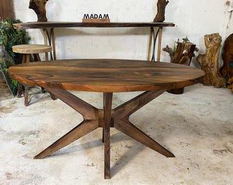 Oval Walnut Dining Table, Solid Wood Kitchen Table, Custom Handmade Mid Century