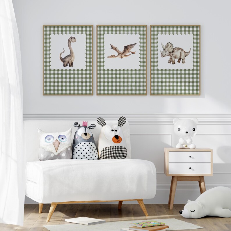 Dinosaur Nursery Wall Art Set | Gingham Dino Prints | Baby Boy Room ...