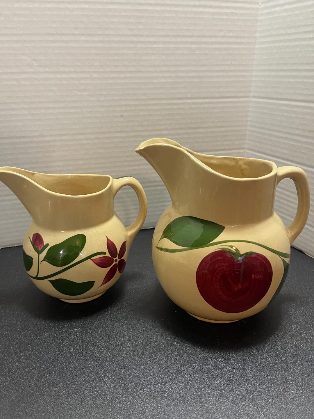 Vintage Ceramic Pitcher Set Apple and Floral Design Farmhouse Kitchen ...
