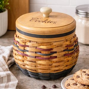 May include: A woven cookie jar with a wooden lid and a knob. The lid is engraved with the word "Cookies". The jar is made of woven strips in shades of brown, black, red, and blue. Chocolate chip cookies are on a white plate.