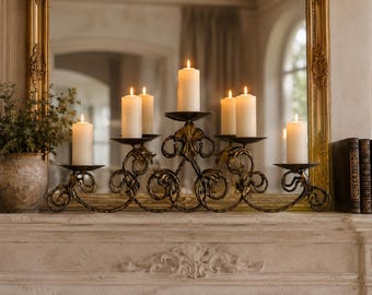 Vintage Style Wrought Iron 5 Arm Candelabra Tuscan Scroll Candle Holder Farmhouse Mantel Decor