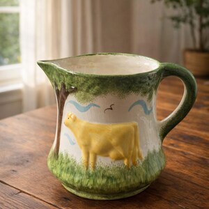 May include: A ceramic pitcher with a green handle and rim, featuring a yellow cow illustration on a white background. The design includes a tree, blue water, and green grass, evoking a pastoral scene.