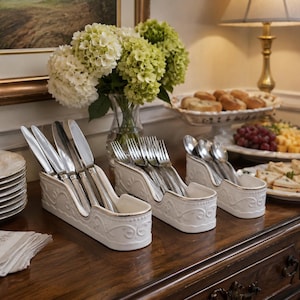 Vintage White Ceramic Flatware Caddy Set of 3 Gold Trim Silverware Holders Buffet Table Organizer Utensil Caddy Farmhouse Dining Decor