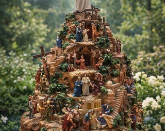 Vintage Life of Christ Sculpture: Multi-Scene Biblical Display, 360 view Hand-Painted Resurrection