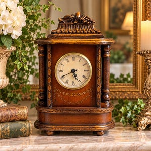 Puede incluir: Un reloj de sobremesa de madera marrón con marco rectangular, cuatro patas pequeñas y una esfera circular central con números romanos negros y manecillas ornamentadas. La parte superior presenta un motivo de frutas tallado y un diseño de guirnalda dorada grabado bajo la esfera.