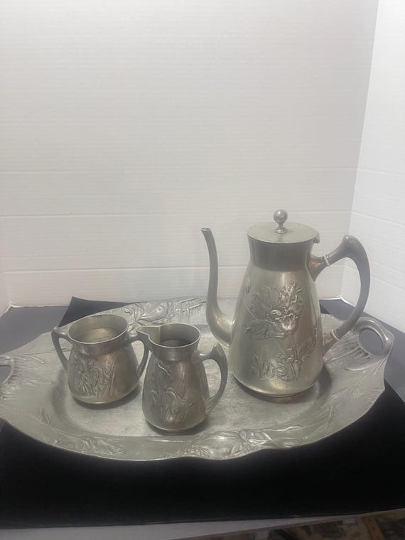 Antique Kayserzinn Art Nouveau Pewter Coffee Set Tray Germany