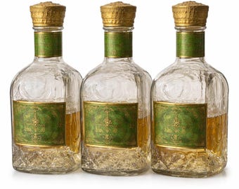 Set of 3 Vintage Embossed Glass Liquor Decanters: Green Label, Gold Cap Barware