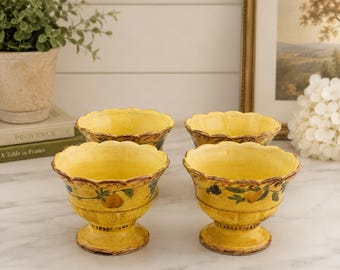 Raymond Waites Pompeii Footed Fruit Bowls Set of 4 Yellow Tuscan Italian Style Pedestal Dessert Bowls