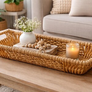 Vintage Woven Basket Tray Rectangular Storage Basket Rustic Farmhouse Decor Wicker Organizer Shelf Basket