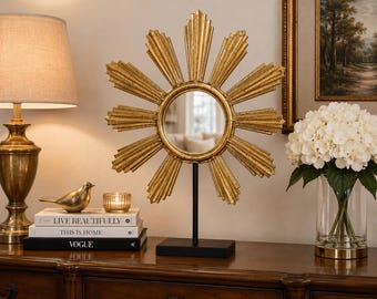 Large Gold Sunburst Tabletop Mirror on Stand | Decorative Vanity Mirror Entryway Console Decor 23.5 Inch Accent Mirror
