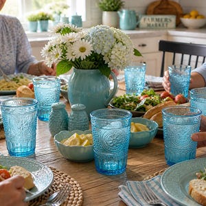 May include: A dining table set with blue glassware, plates, and a turquoise pitcher filled with white flowers. The table is set for a meal with pasta, salad, and bread. The glasses have a decorative pattern.