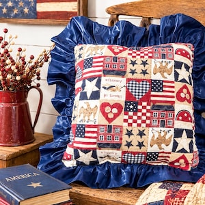 Americana Patchwork Pillow Cover: Patriotic Farmhouse Heart, Eagle, Flag Cottage Style