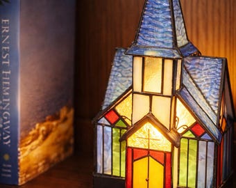 Stained Glass Church Lamp Blue Green Tiffany Style Cottage Core Chapel Lamp Vintage Style Decor Night Light