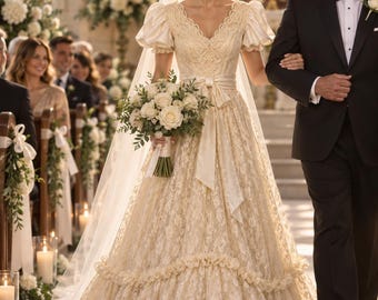 Pode incluir: Um vestido de noiva de renda na cor creme com mangas curtas bufantes, decote em V e uma fita de cetim larga amarrada na cintura. A saia longa até o chão inclui um babado perto da bainha, acompanhada por um longo véu transparente e rosas.