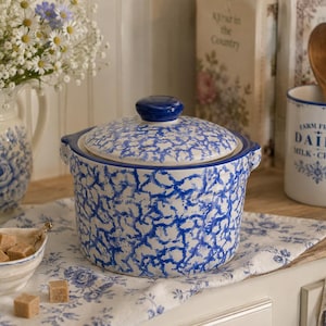 Vintage Two Bears Pottery Blue Spongeware Crock With Lid Hand Painted Happy Hands Sponge Farmhouse Kitchen Storage