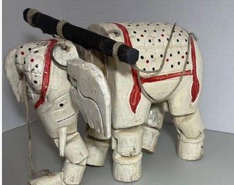 Vintage Hand Carved Wooden Elephant Marionette Puppet Folk Art Thailand