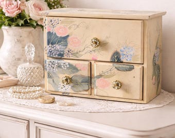 Floral Jewelry Box Cottagecore Drawer Organizer Shabby Chic Painted Wood Storage Chest