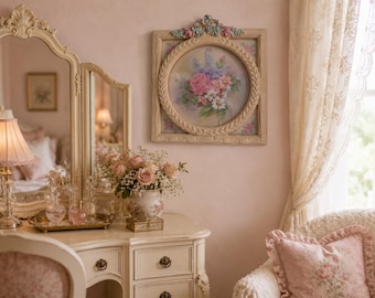 May include: A vintage-style bedroom scene with a vanity table, mirror, and floral artwork. The vanity is cream-colored with ornate details, holding perfume bottles and a floral arrangement. A framed floral print hangs on the wall, and a lace curtain drapes the window.