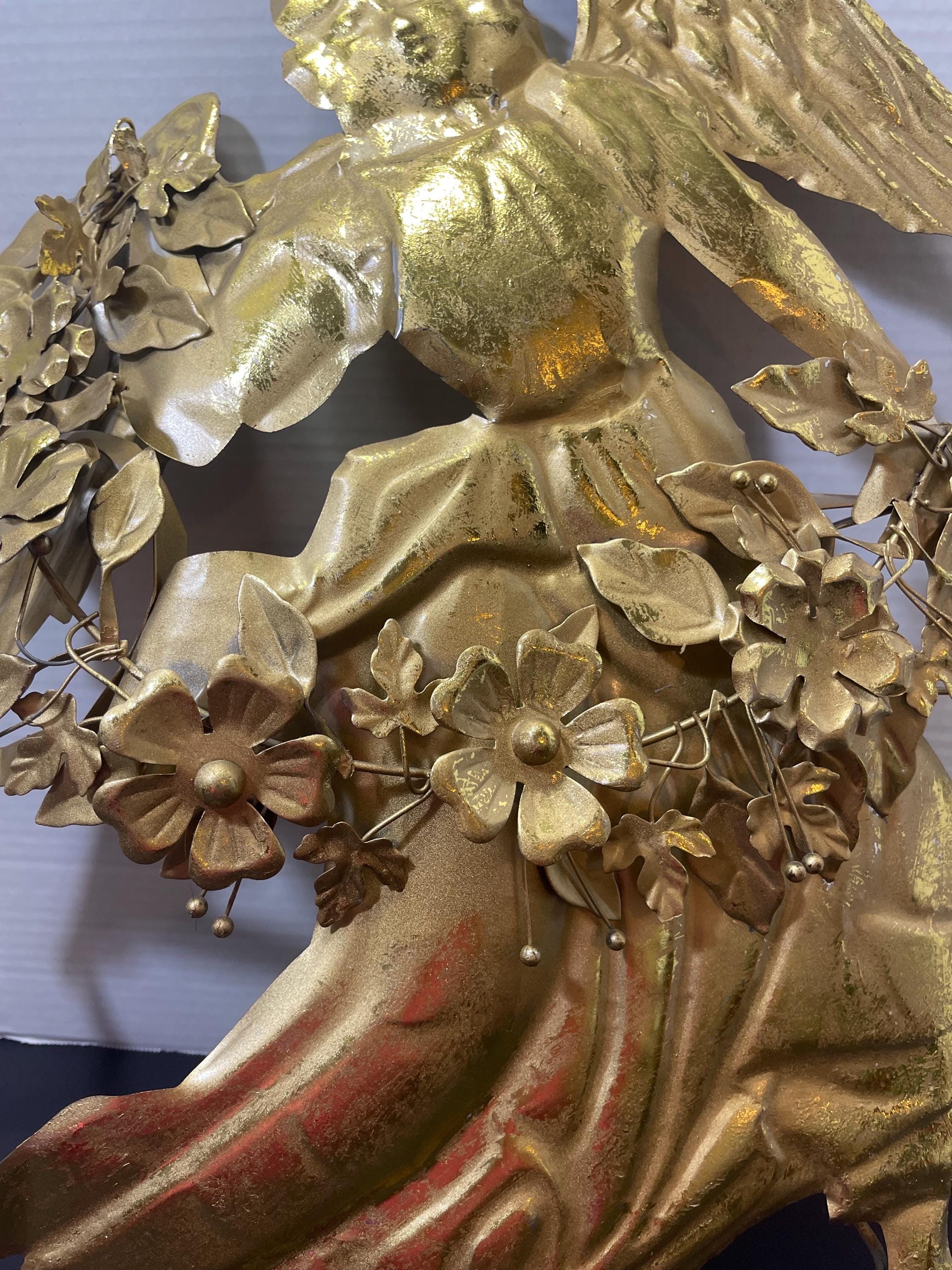 Vintage Style Gold Angel Wall Decor Cherub Floral Metal Wall Hanging