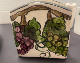Vintage Ceramic Napkin Holder: Cream, Black Trim, Grape Design Farmhouse Decor